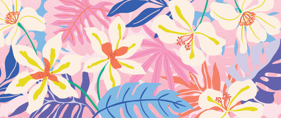 Spring and summer orchid apricot floral background vector illustration with teal and buttercream colors. Vibrant botanical design for wallpaper, banners, invitations, fabric and digital templates. © TWINS DESIGN STUDIO