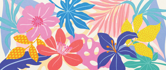 Spring and summer hibiscus salmon floral background vector illustration with cerulean and sand colors. Vibrant botanical design for wallpaper, banners, invitations, fabric and digital templates. © TWINS DESIGN STUDIO