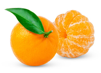 Ripe organic tangerine, mandarin or clementine fruit with green leaf and peeled whole mandarin isolated.