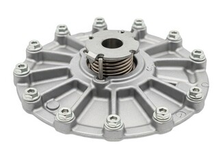 A close-up view of a metal brake rotor with visible wear and tear