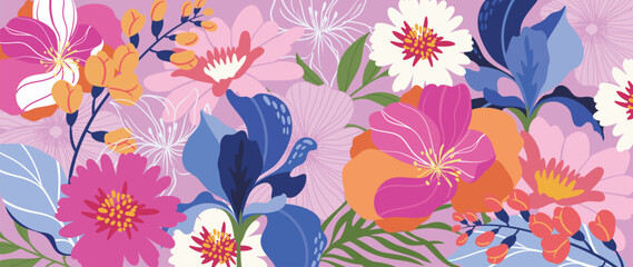 Spring and summer camellia rose floral background vector illustration with lilac and pistachio colors. Vibrant botanical design for wallpaper, banners, invitations, fabric and digital templates. © TWINS DESIGN STUDIO