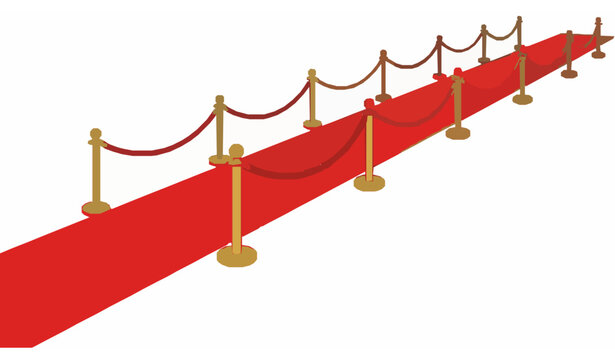 Angled red carpet walkway with gold stanchions and velvet ropes VIP luxury vector isolated on white