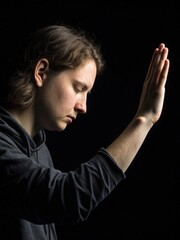 Young person in dark hoodie with eyes closed, hand raised vertically in front of face against black background, dramatic lighting concept of contemplation and introspection