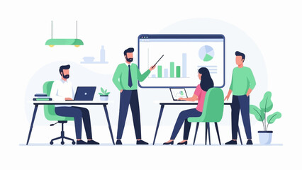 Obraz premium A team of four colleagues in a modern office during a business presentation with charts and graphs