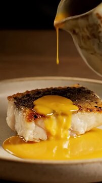 Chef pours vibrant yellow sauce over seared halibut on a white plate, captured from a close-up perspective in an elegant fine dining setting