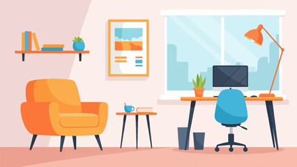Flat illustration of a cozy home office with a desk, computer, and armchair by a sunny window