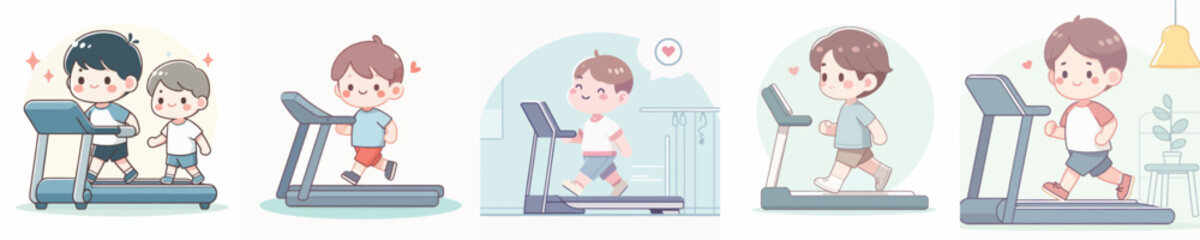Fototapeta premium Vector Illustration of a Cute Kids Running on a Treadmill
