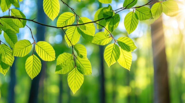 Meditation nature background, sunlight filtering through green tree leaves (Komorebi), soft sunbeams, blurred forest canopy, magical healing atmosphere