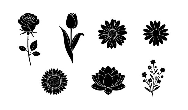 Black Simple Flower Icons Set Silhouette Vector