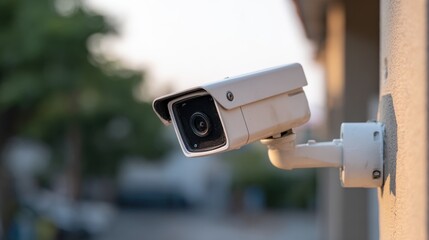 White outdoor security camera mounted on a wall for property surveillance and safety