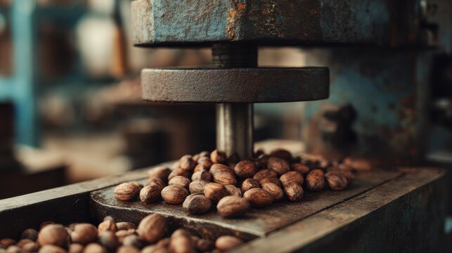 Industrial mechanical nutcracker machine processing whole pecans in a vintage workshop