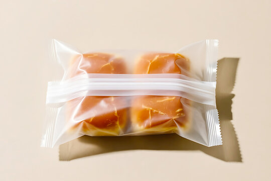 Two pairs of bread rolls or buns in a clear zip-lock plastic bag, packaged for freshness, studio shot on beige.