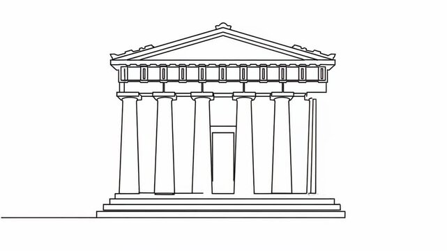 A minimalist line drawing of a Greek temple showcasing its architectural structure with columns roof and base
