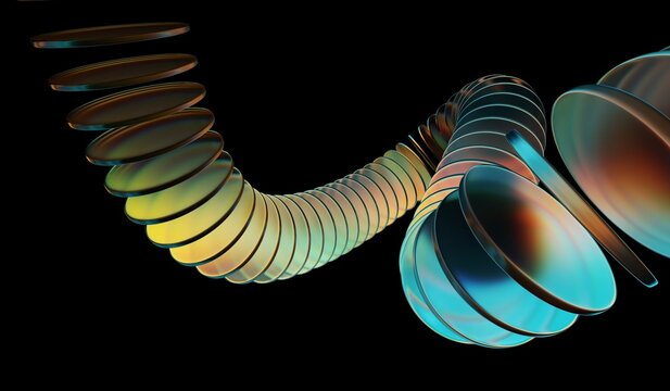 3D illustration showing abstract background, neon light holographic gradient, abstract crystal pattern, blue orange caustic effect, and glass chromatic circle shapes render