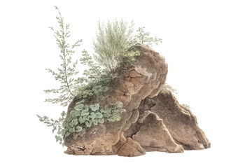Overgrown Rocks. Rock with grass growing on it. Vintage hand-drawn watercolor illustration.
