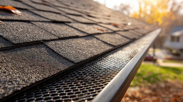 Close-up of Asphalt Roof Shingles and Metal Gutter Guard Mesh