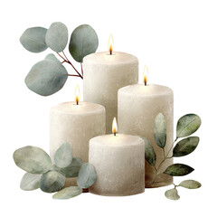 Four ivory candles with flickering flames, surrounded by green eucalyptus leaves on black backdrop