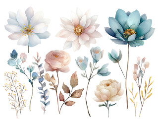 Delicate watercolor floral arrangement of various blooms and foliage on a dark background