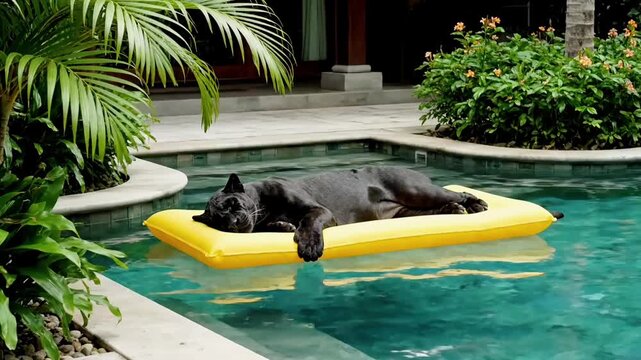 Funny Dog Relaxing on Yellow Pool Float Tropical Vacation