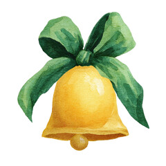 Watercolor illustration of a golden bell with green ribbon bow on black background