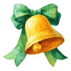 Watercolor depiction of a golden bell adorned with a green, elegant bow, rendered on a black ground