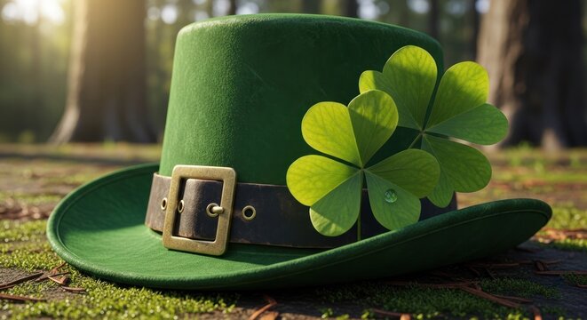 A green and gold leprechaun hat with a four-leaf clover on a grassy path in a forest.