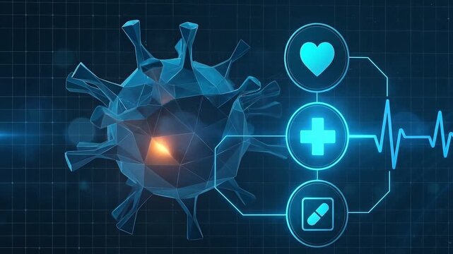 Virus particle medical icons heartbeat line symbolizing health heart medicine digital technology healthcare pulse infection futuristic blue polygon abstract pharmaceutical treatment protection