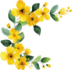 Watercolor depiction of yellow flowers and green leaves arranged in a graceful corner design