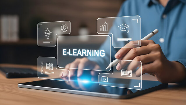 Student interacting with virtual e-learning interface on tablet | Online education platform utilizing digital stylus technology | Concept of distance learning and academic success progress