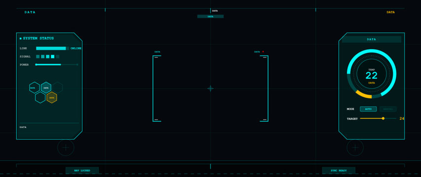 This futuristic digital head-up display interface features system status indicators, a circular temperature gauge, and data monitoring panels on a dark background.