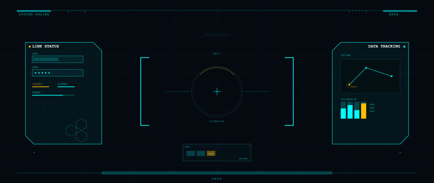 A futuristic digital head-up display interface featuring a central scanning circle, data tracking graphs, link status indicators, and various technical readouts on a dark grid background.