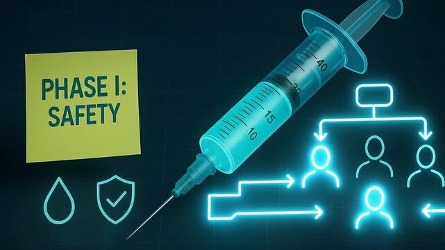 Phase 1 safety concept with syringe and glowing medical icons representing clinical trial steps, vaccine development progress, health protection, injection safety, and healthcare evaluation process