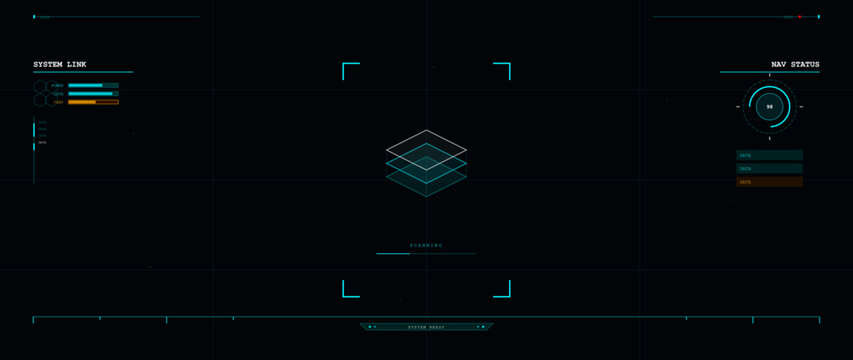 A futuristic digital head-up display interface featuring system link data, navigation status, and a central scanning graphic with isometric layers on a dark background.