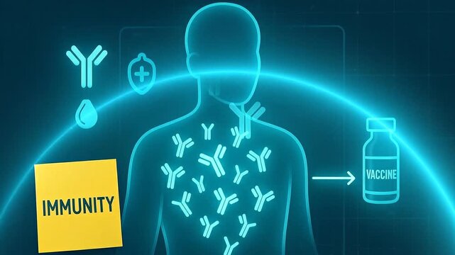 Human immunity concept featuring glowing antibody symbols inside body outline with vaccine vial, blue digital medical illustration showing health protection and medical defense icons