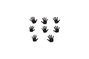 Obraz premium Multiple black handprints on a clean white background, depicting a pattern of human hands with open palms and fingers spread