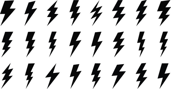 Many different styles of black thunderbolt icons displayed together against a bright white surface