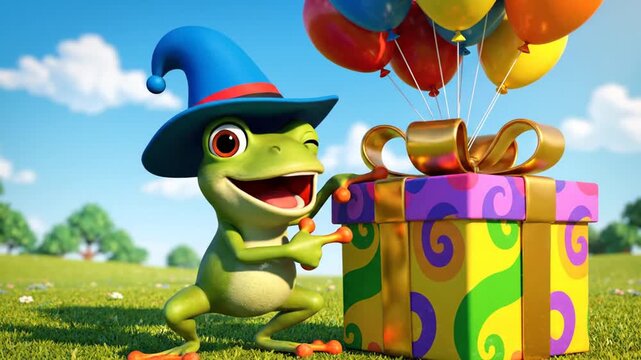 Cartoon frog in wizard hat with gift and balloons in field