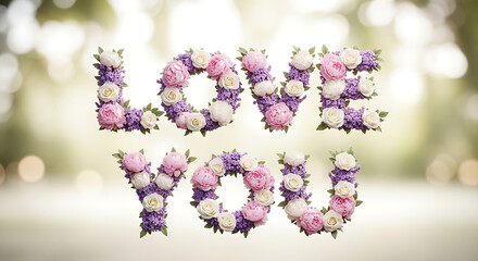 Floral arrangement forming the word LOVE in a serene outdoor setting with a blurred green background and soft focus