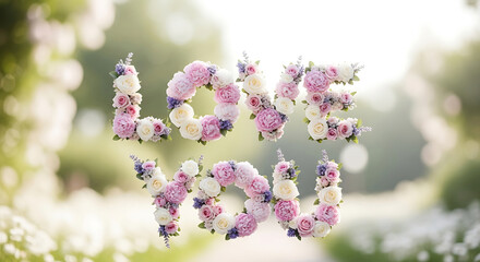 Floral arrangement forming a circular wreath with pink and white flowers suspended in air against a blurred green outdoor background viewed from straight on
