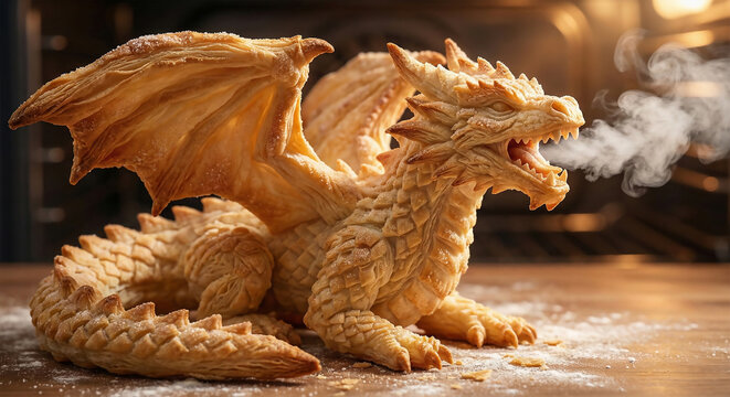 Dragon Bread Fantasy: A whimsical dragon, sculpted entirely from bread, sits majestically with a wisp of steam. It's a culinary masterpiece that sparks imagination and wonder.