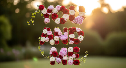A floral arrangement in the shape of the dollar sign displayed in a lush green garden during sunset with beautiful flowers