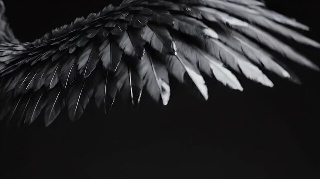Close-up of a dark, feathered wing in motion against a black backdrop, detail