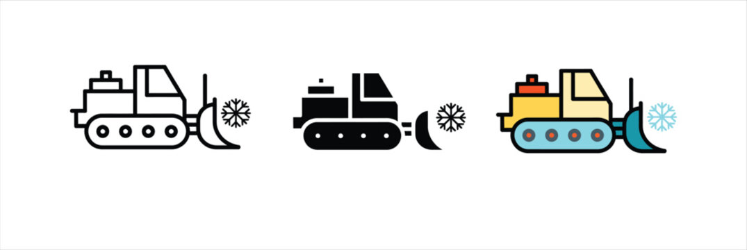 Heavy Construction Bulldozer or Snow Plow Machine Icon Set Vector Illustration