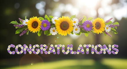 Celebratory floral arrangement with sunflowers and purple flowers in a blurred green outdoor setting with congratulatory message displayed prominently