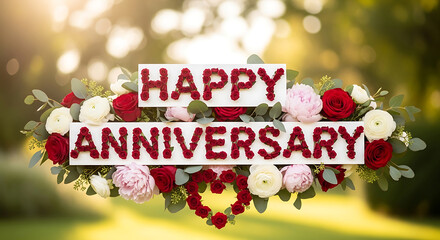 Celebrating love and togetherness with a beautiful floral arrangement on a serene anniversary day outdoors surrounded by lush greenery and vibrant flowers