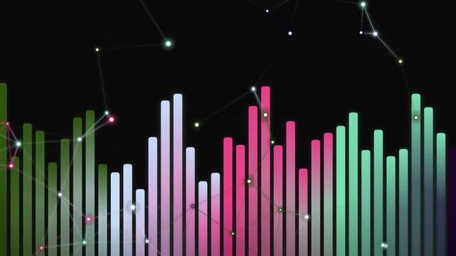 A 3D bar graph with glowing neon bars and constellations against a dark background