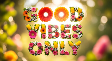 Vibrant floral arrangement forming 'Good Vibes Only' text in a lush, sunny garden setting from a straight-on viewpoint