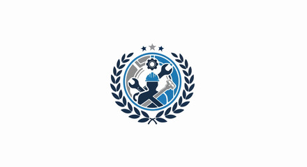Fototapeta premium Emblem with industrial worker, tools, gears, and laurel wreath