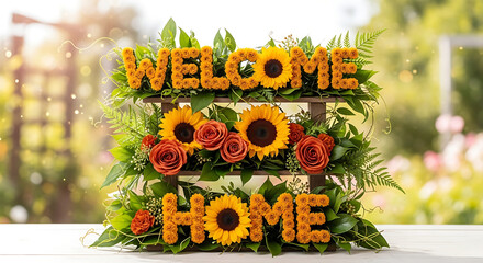 A vibrant floral arrangement with sunflowers and roses forming the words welcome home on a wooden backdrop displayed outdoors in a garden setting viewed from the front