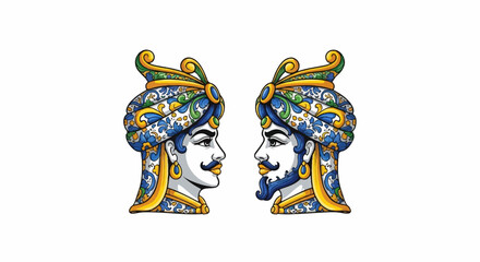 Fototapeta premium Two ornate, decorated heads face each other in profile against a white background